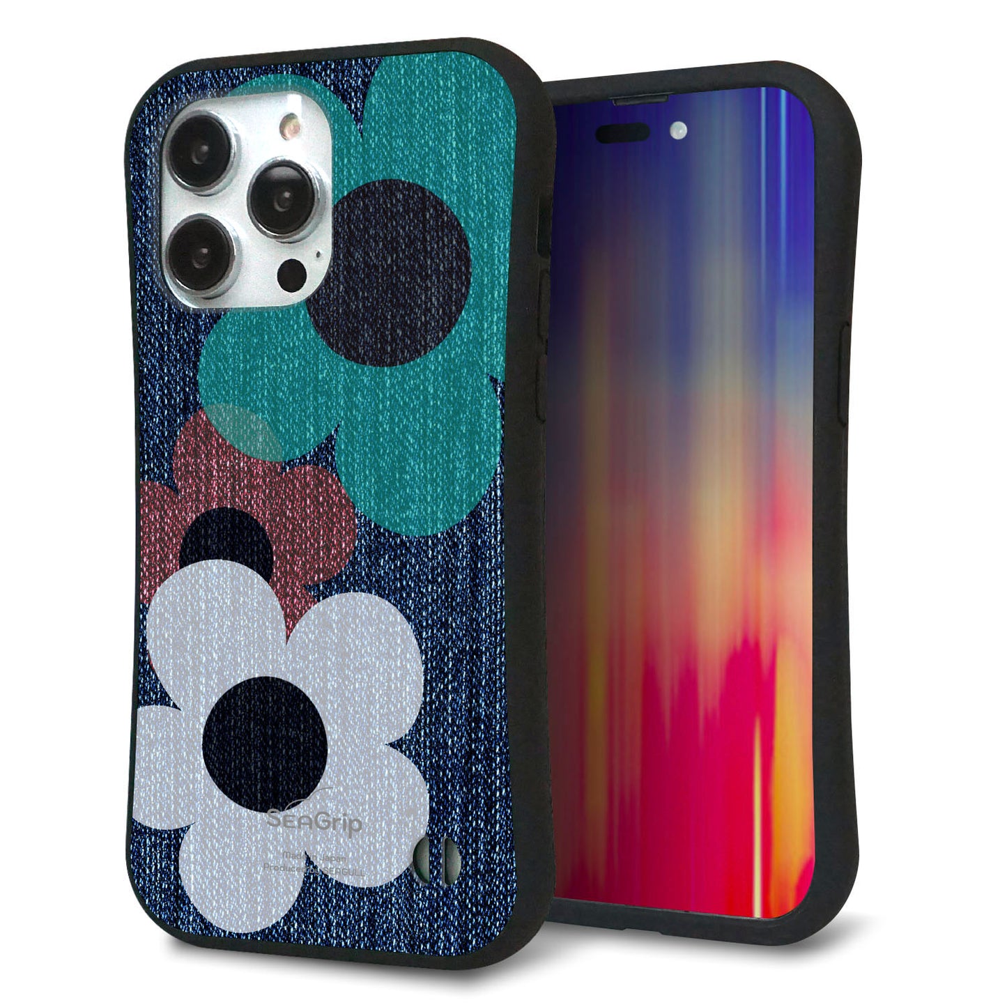 iPhone14 Pro Max スマホケース 「SEA Grip」 グリップケース Sライン 【EK869 ルーズフラワーinデニム風】 UV印刷
