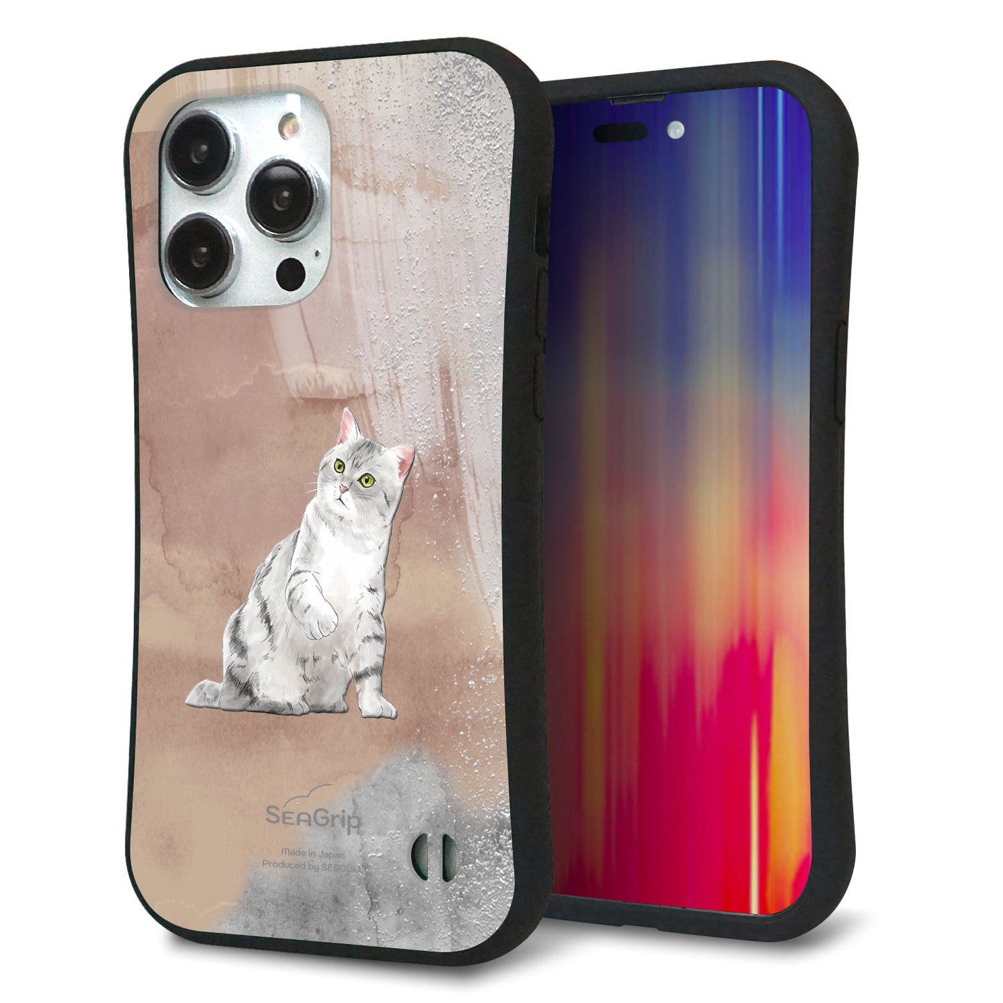 iPhone14 Pro Max スマホケース 「SEA Grip」 グリップケース Sライン 【HA166 アメリカンショートヘア+くすみカラー】 UV印刷
