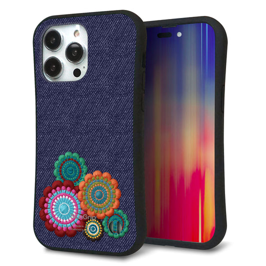 iPhone14 Pro Max スマホケース 「SEA Grip」 グリップケース Sライン 【KM934 エスニックフラワー デニム】 UV印刷