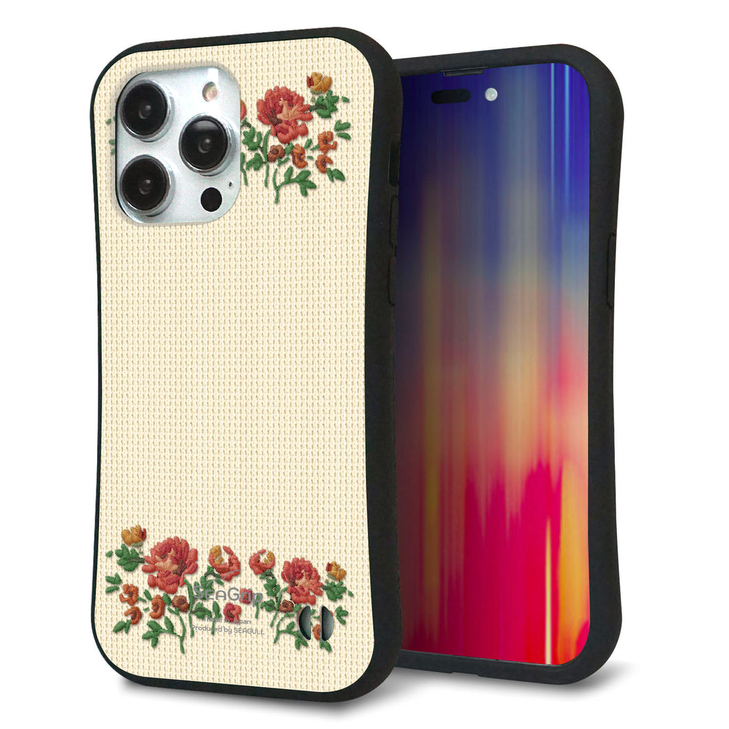 iPhone14 Pro Max スマホケース 「SEA Grip」 グリップケース Sライン 【KM941 花刺繍風 レッドフラワー オフホワイト 】 UV印刷