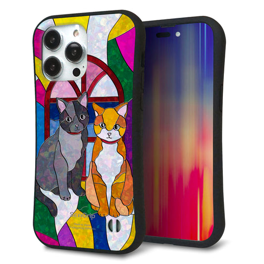 iPhone14 Pro Max スマホケース 「SEA Grip」 グリップケース Sライン 【MA995 ステンドグラス ネコ】 UV印刷