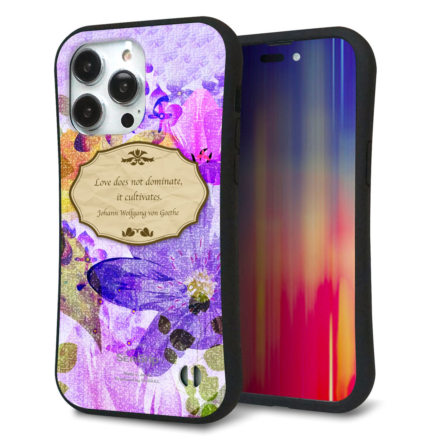 iPhone14 Pro Max スマホケース 「SEA Grip」 グリップケース Sライン 【SC863 リバティプリント フラワーエンブレム（パープル）】 UV印刷