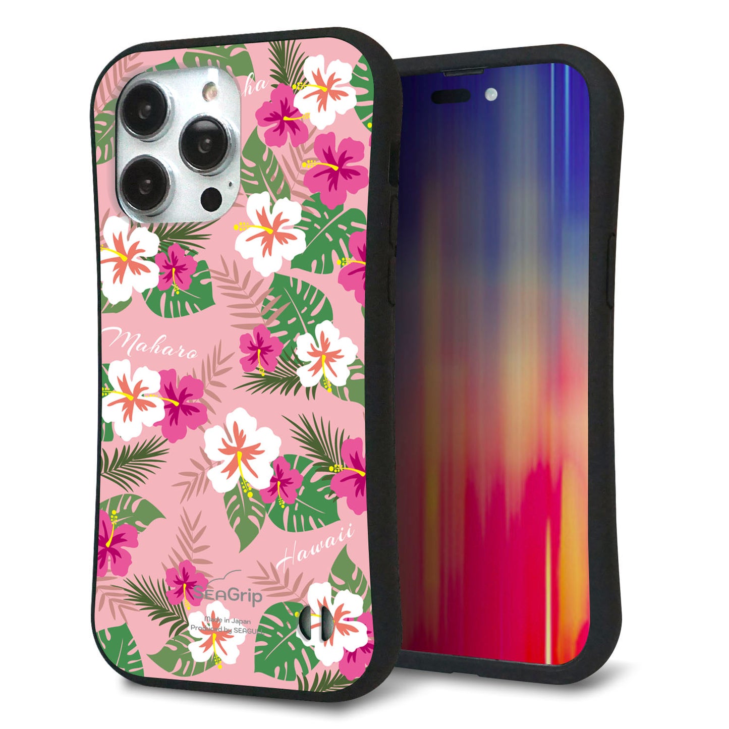 iPhone14 Pro Max スマホケース 「SEA Grip」 グリップケース Sライン 【SC882 ハワイアンアロハレトロ（ピンク）】 UV印刷
