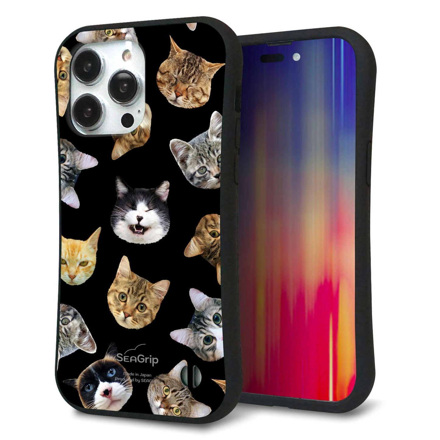 iPhone14 Pro Max スマホケース 「SEA Grip」 グリップケース Sライン 【SC933 ねこどっと（ブラック）】 UV印刷