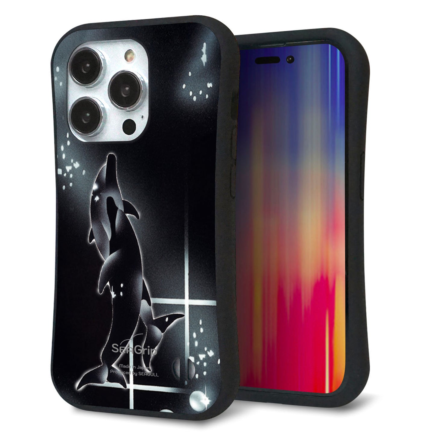 iPhone14 Pro スマホケース 「SEA Grip」 グリップケース Sライン 【158 ブラックドルフィン】 UV印刷