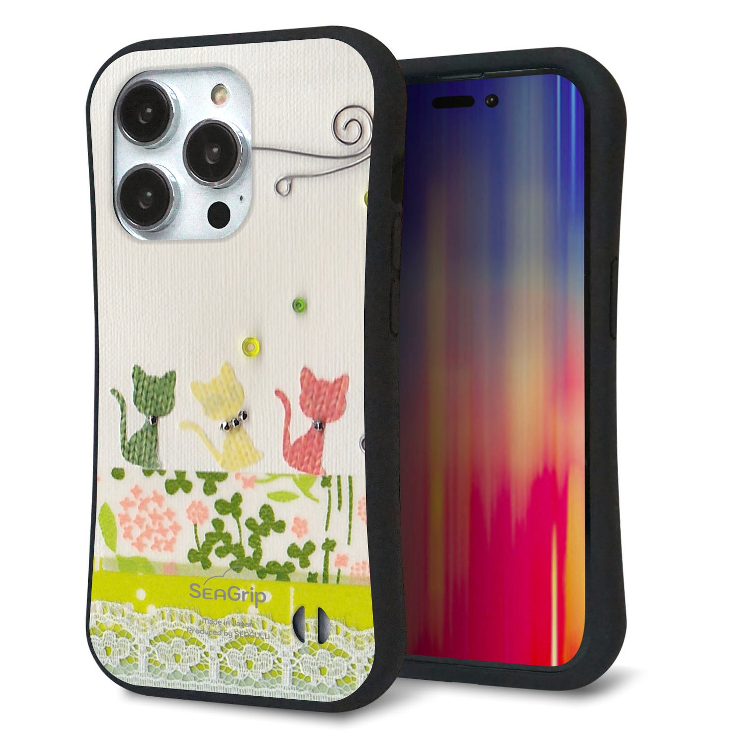 iPhone14 Pro スマホケース 「SEA Grip」 グリップケース Sライン 【1106 クラフト写真 ネコ （ワイヤー2）】 UV印刷
