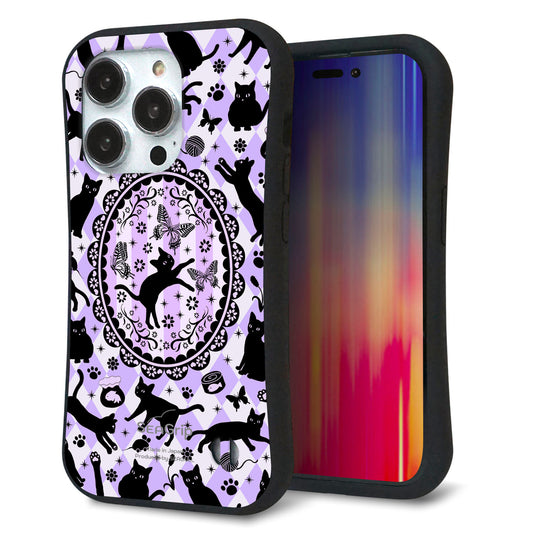 iPhone14 Pro スマホケース 「SEA Grip」 グリップケース Sライン 【AG879 ネコがいっぱいダイヤ柄 パープル】 UV印刷