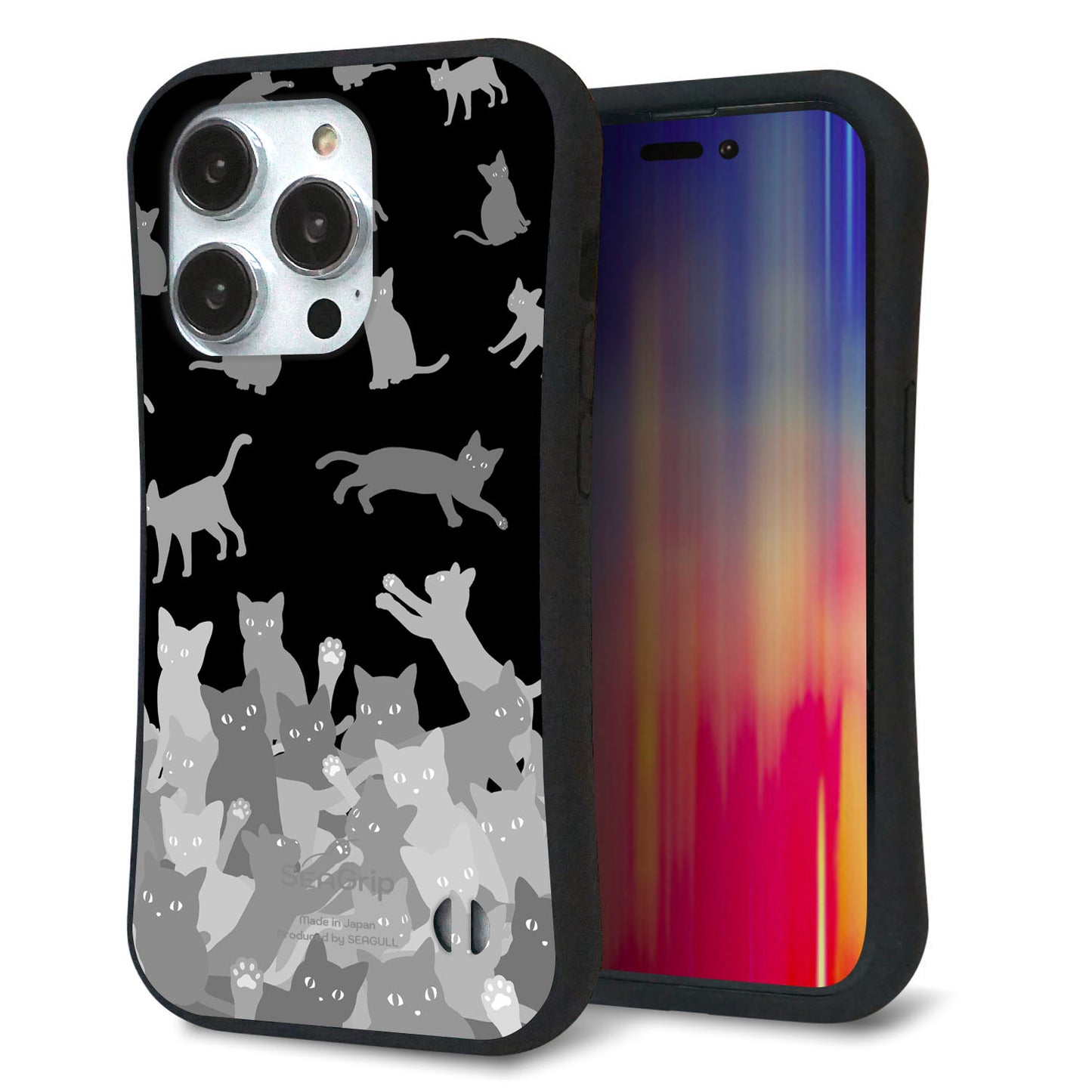 iPhone14 Pro スマホケース 「SEA Grip」 グリップケース Sライン 【AG887 ネコ積もり 黒】 UV印刷