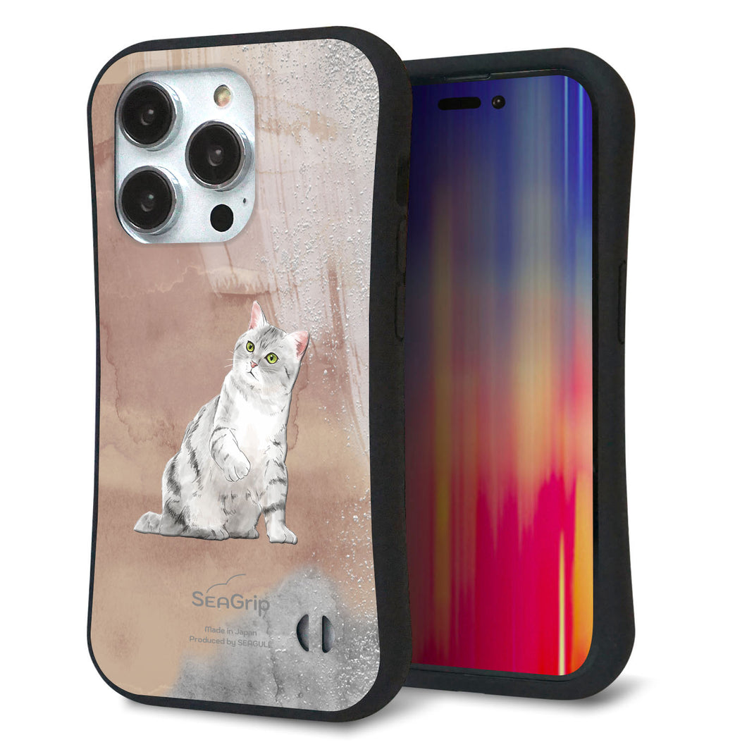 iPhone14 Pro スマホケース 「SEA Grip」 グリップケース Sライン 【HA166 アメリカンショートヘア+くすみカラー】 UV印刷