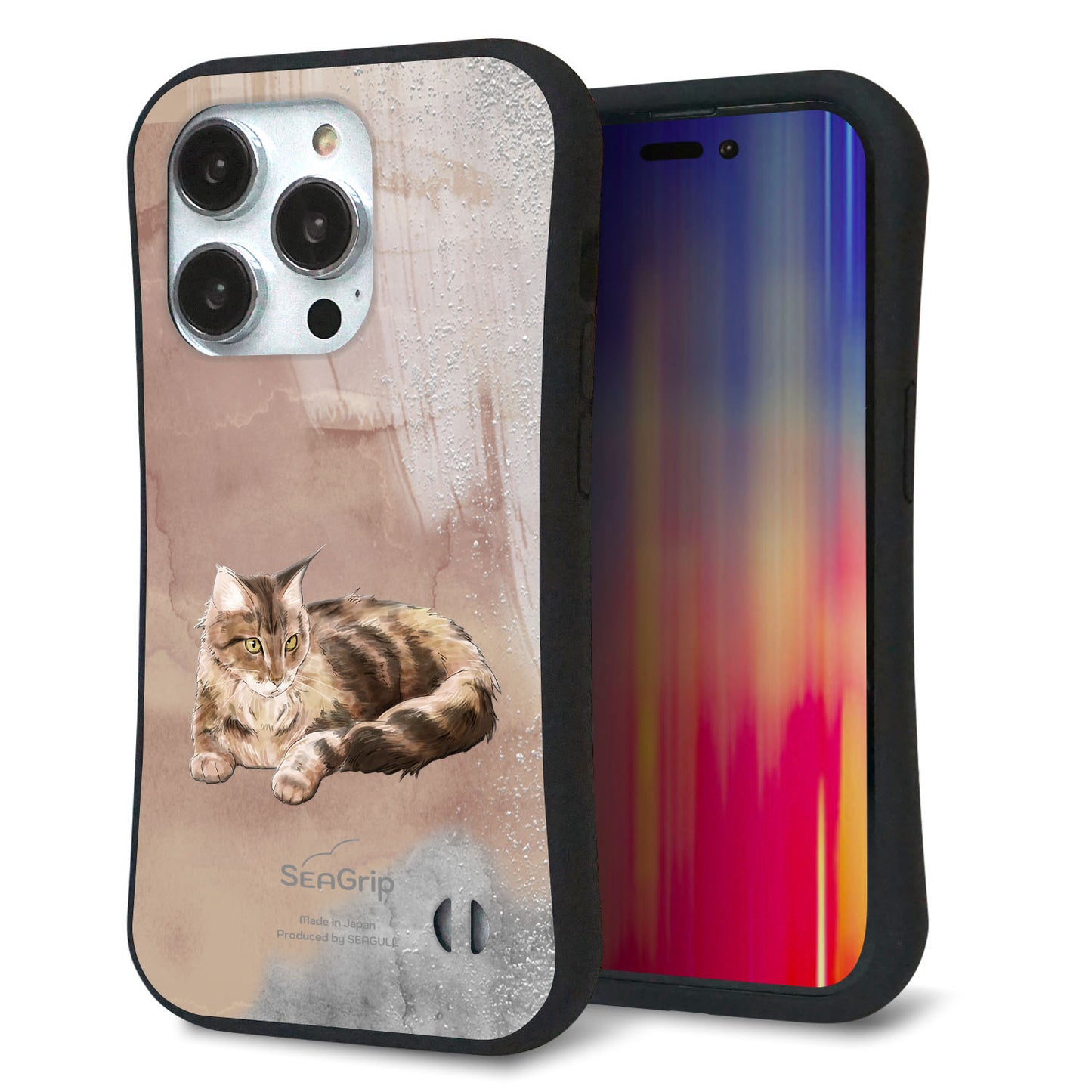 iPhone14 Pro スマホケース 「SEA Grip」 グリップケース Sライン 【HA173 メインクーン+くすみカラー】 UV印刷