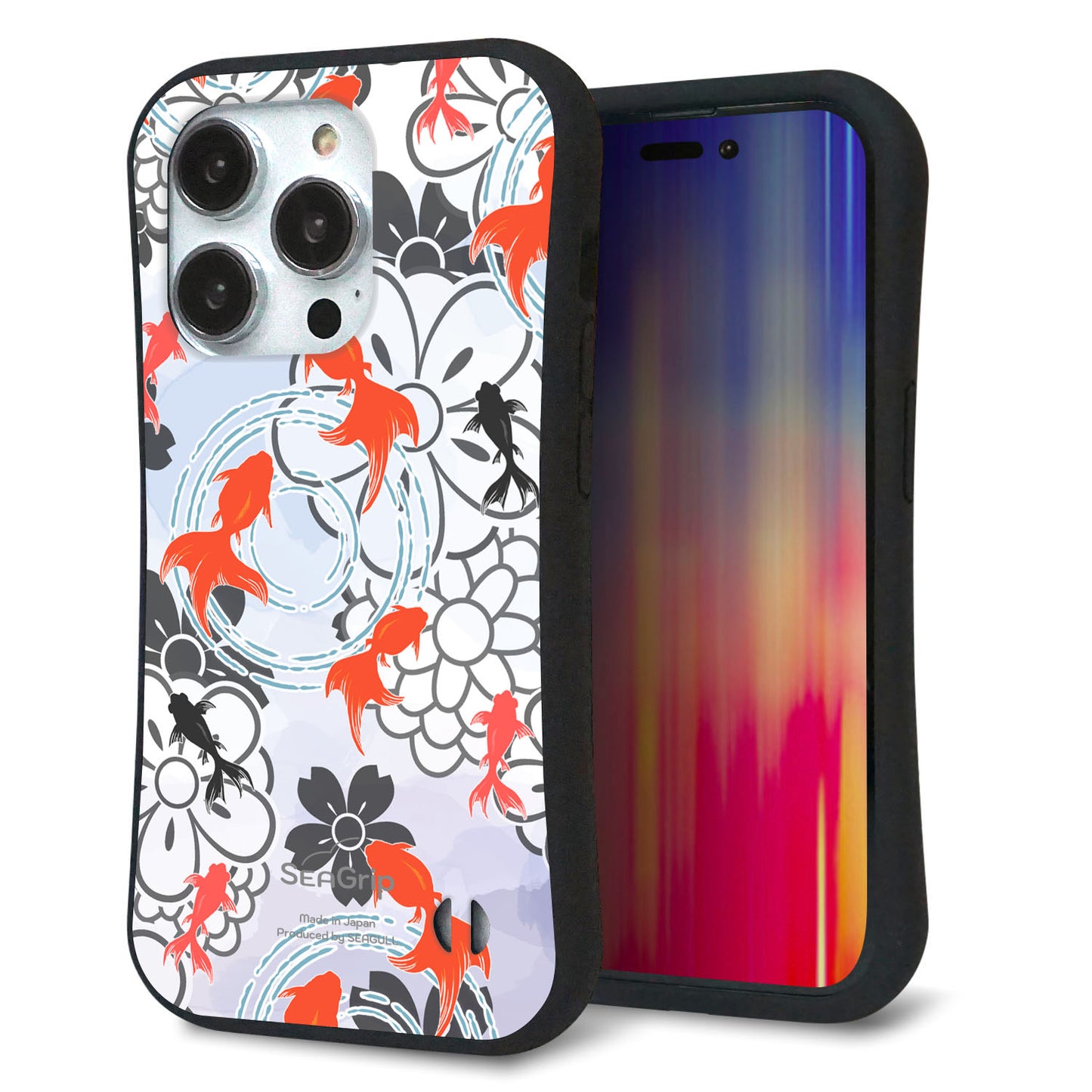iPhone14 Pro スマホケース 「SEA Grip」 グリップケース Sライン 【HA216 金魚 花柄 グレー 】 UV印刷