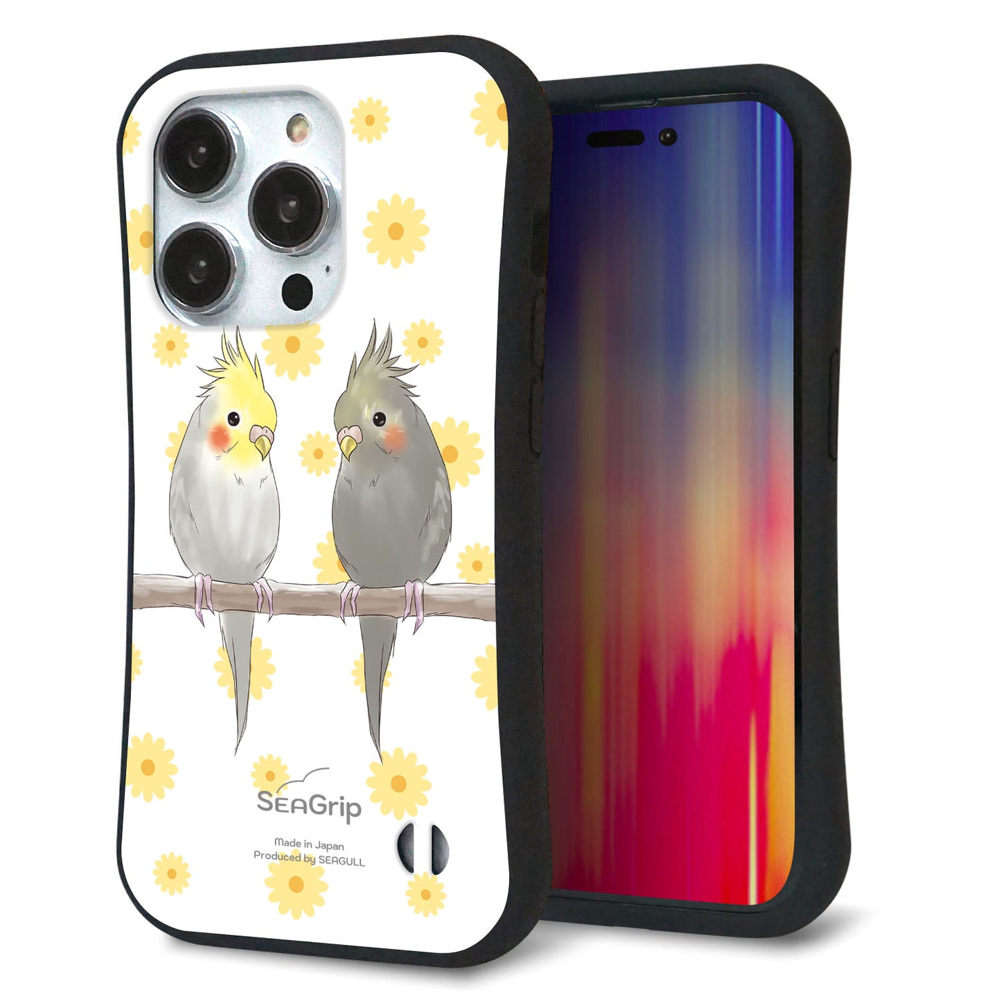 iPhone14 Pro スマホケース 「SEA Grip」 グリップケース Sライン 【HA274 オカメインコ 花】 UV印刷