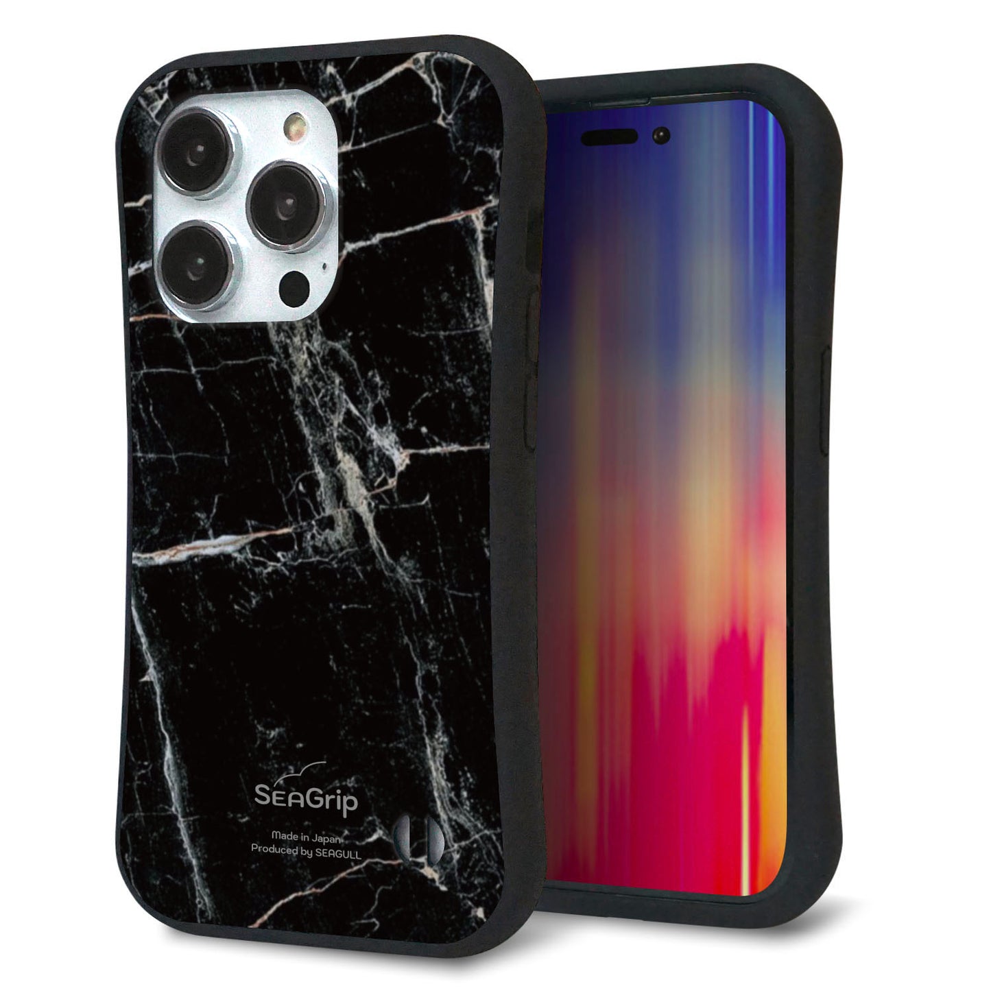 iPhone14 Pro スマホケース 「SEA Grip」 グリップケース Sライン 【KM867 大理石BK】 UV印刷