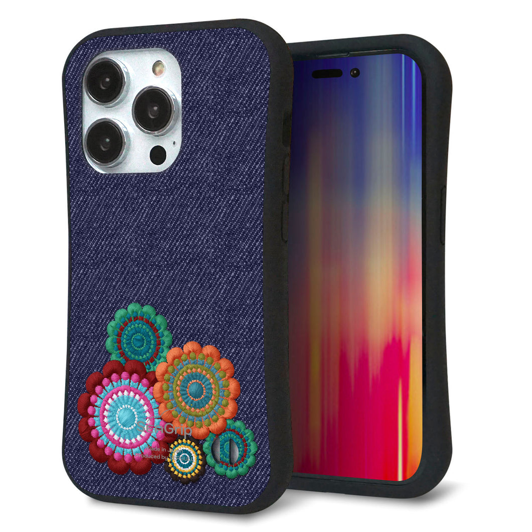 iPhone14 Pro スマホケース 「SEA Grip」 グリップケース Sライン 【KM934 エスニックフラワー デニム】 UV印刷