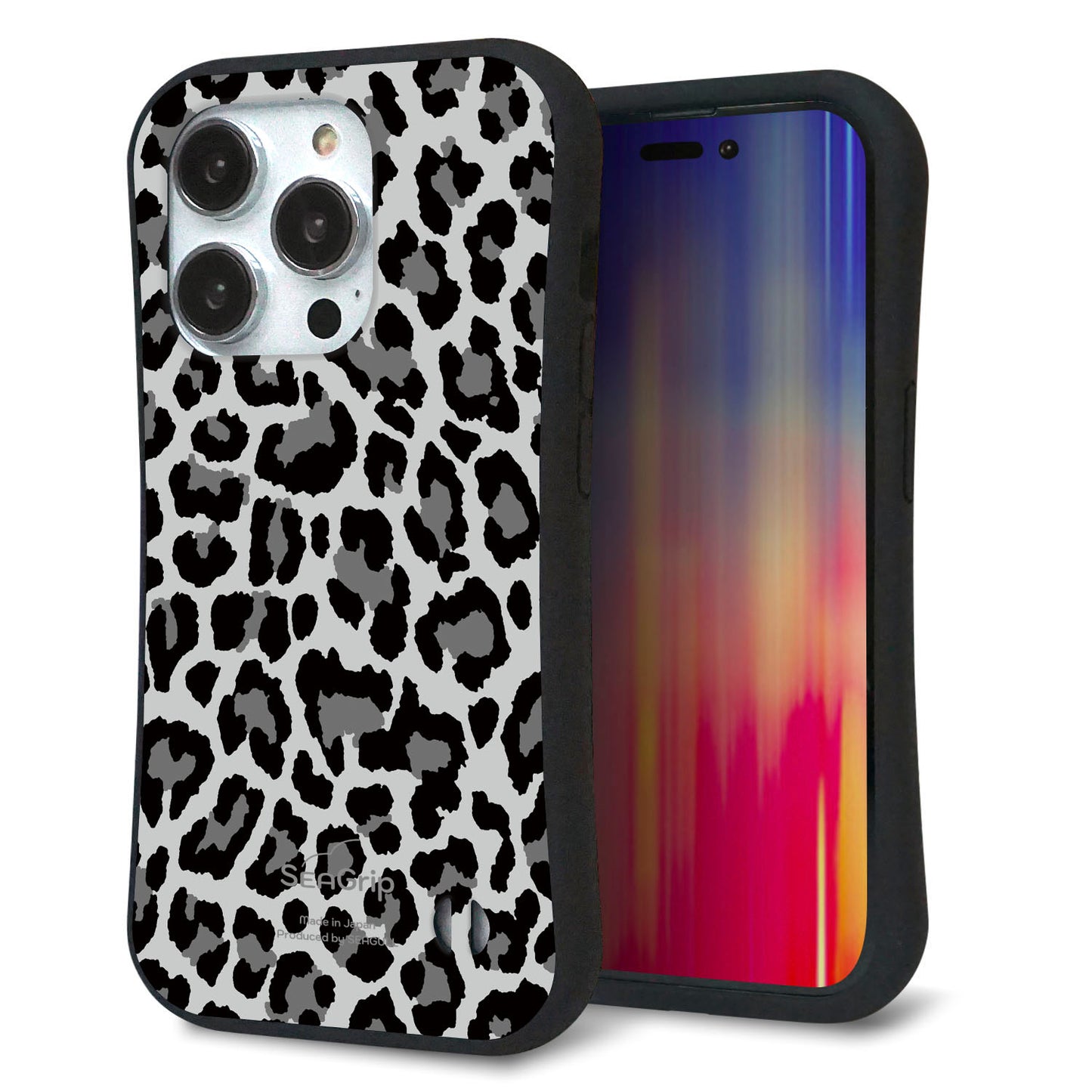 iPhone14 Pro スマホケース 「SEA Grip」 グリップケース Sライン 【MA817 レオパード × グレー 】 UV印刷
