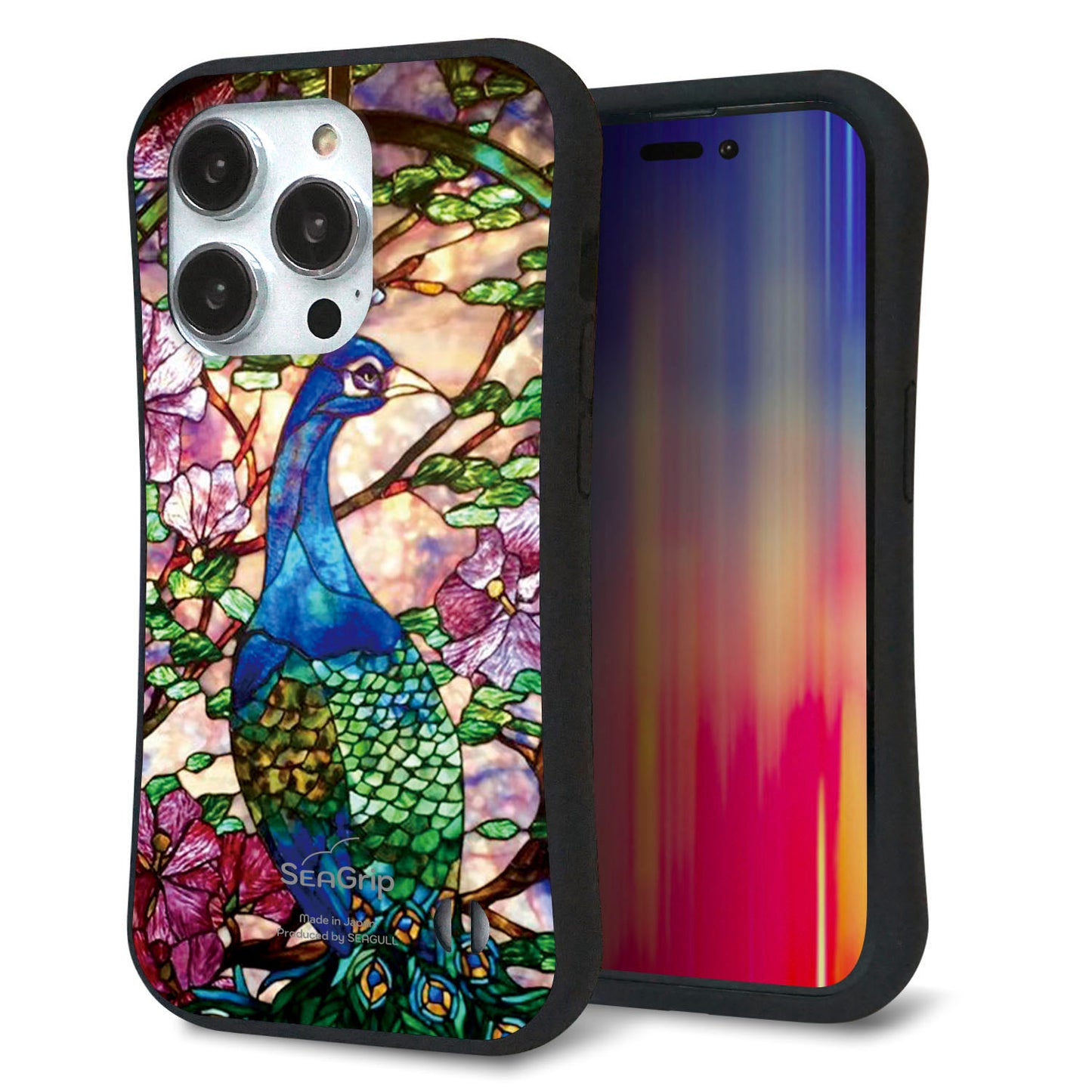 iPhone14 Pro スマホケース 「SEA Grip」 グリップケース Sライン 【MA996 ステンドグラス クジャク】 UV印刷