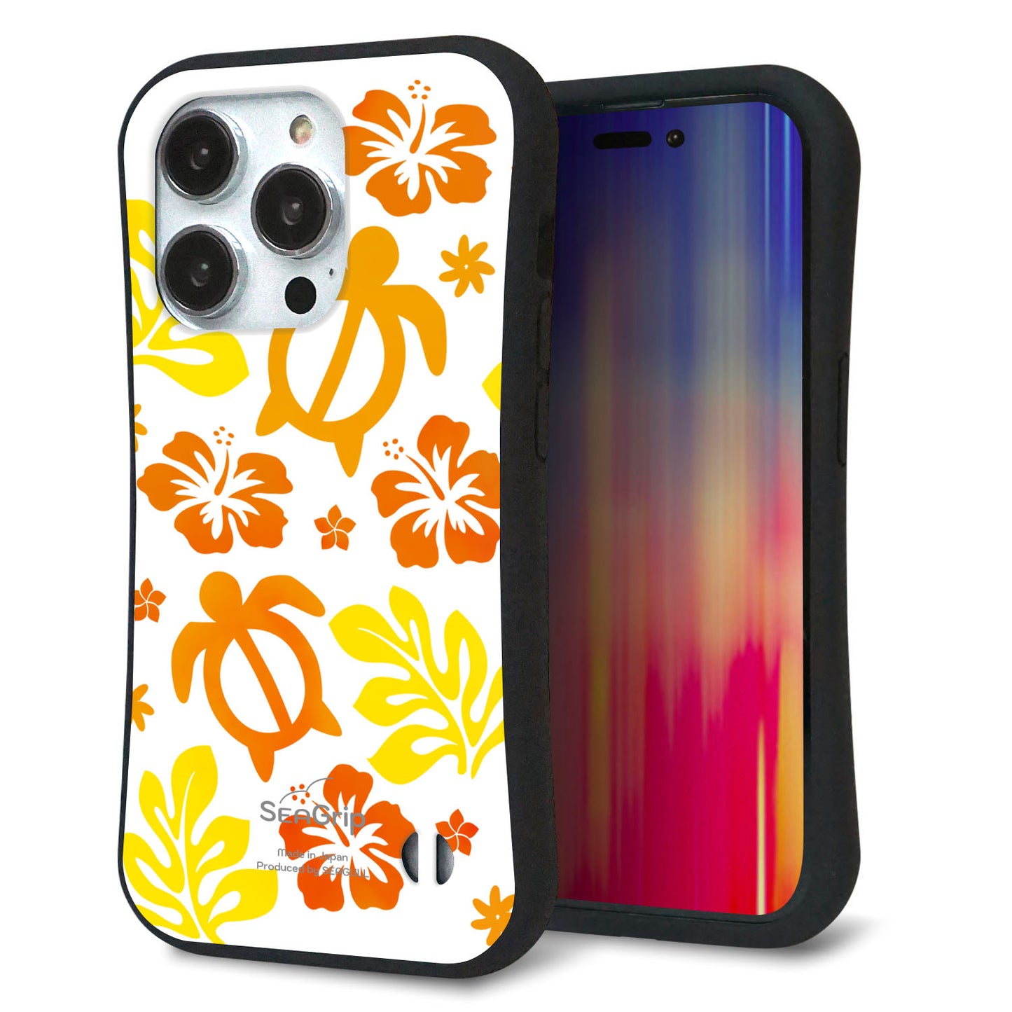 iPhone14 Pro スマホケース 「SEA Grip」 グリップケース Sライン 【SC877 ハワイアンアロハホヌ（イエロー）】 UV印刷