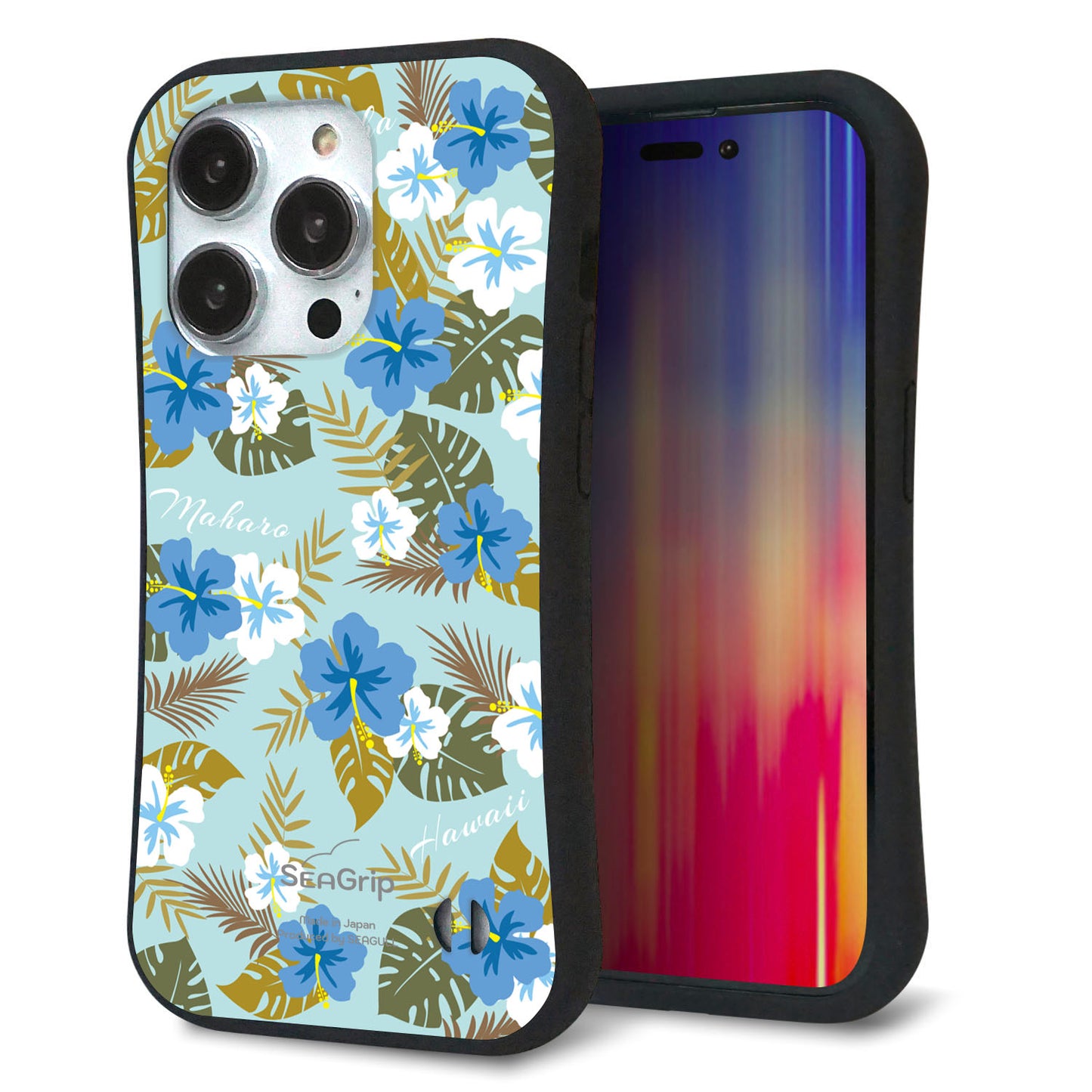 iPhone14 Pro スマホケース 「SEA Grip」 グリップケース Sライン 【SC883 ハワイアンアロハレトロ（ブルー）】 UV印刷