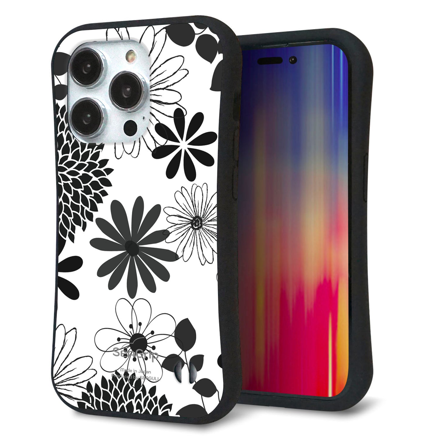 iPhone14 Pro スマホケース 「SEA Grip」 グリップケース Sライン 【SC912 花柄モノトーン 01】 UV印刷