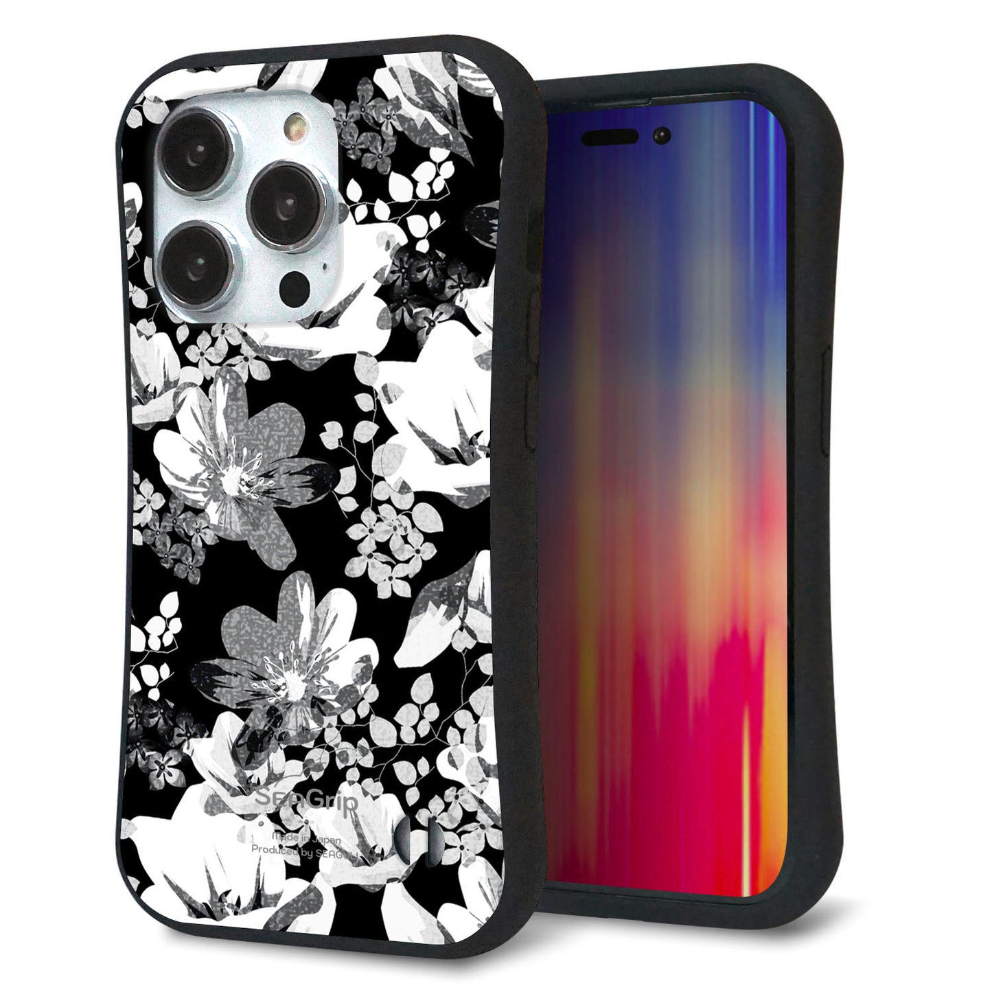 iPhone14 Pro スマホケース 「SEA Grip」 グリップケース Sライン 【SC913 花柄モノトーン 02】 UV印刷