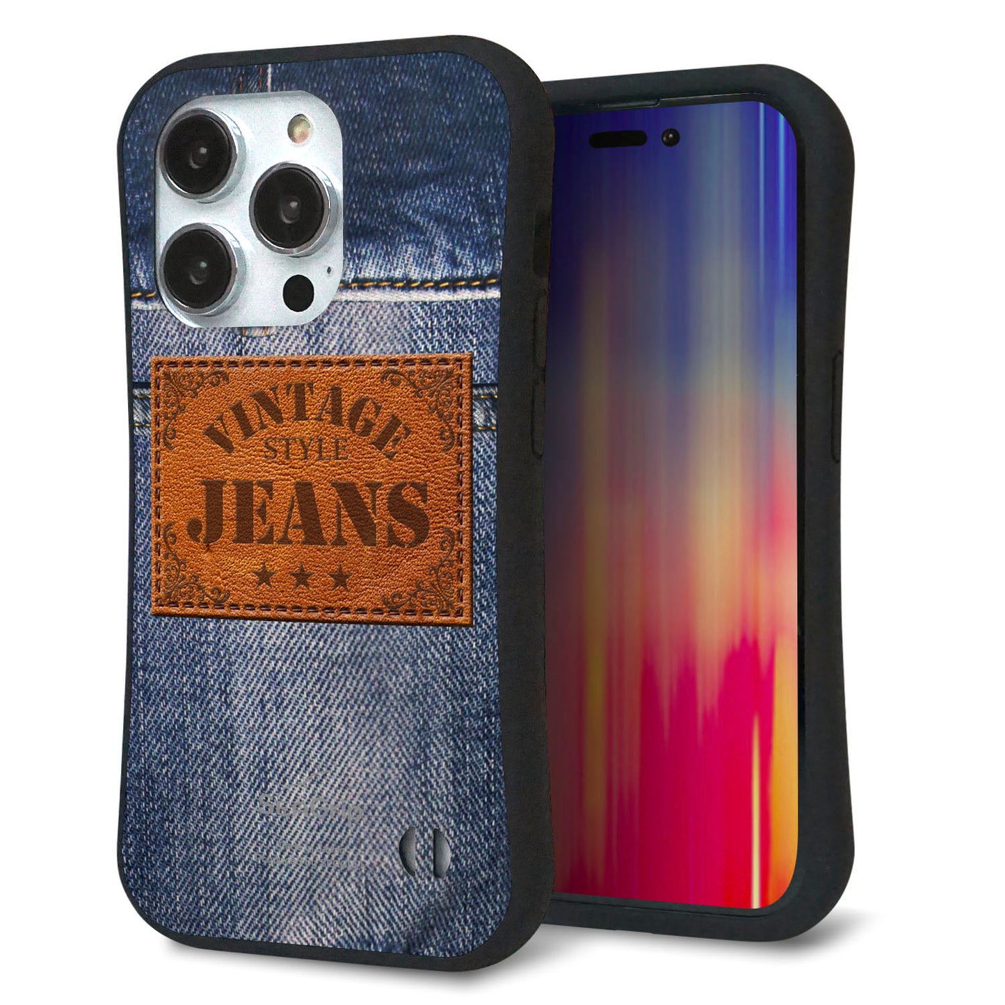 iPhone14 Pro スマホケース 「SEA Grip」 グリップケース Sライン 【SC921 ダメージデニム レザータグ】 UV印刷