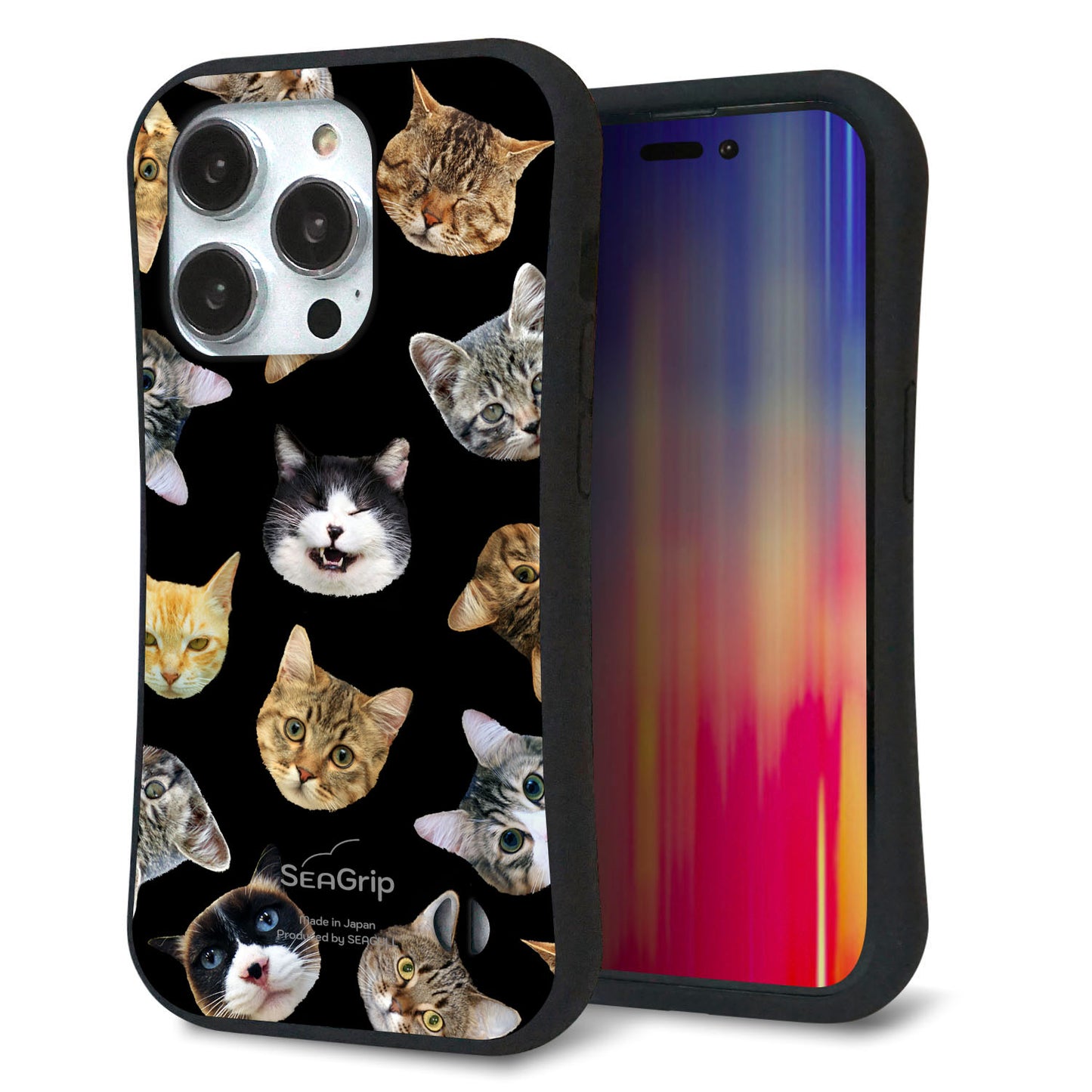 iPhone14 Pro スマホケース 「SEA Grip」 グリップケース Sライン 【SC933 ねこどっと（ブラック）】 UV印刷