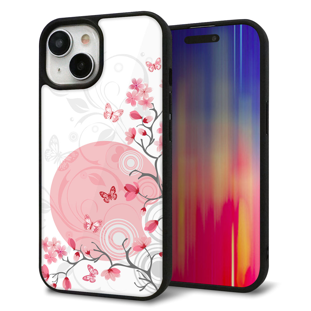 iPhone15 強化ガラス＆TPUスマホケース ガラプリ【030 花と蝶（うす桃色）】