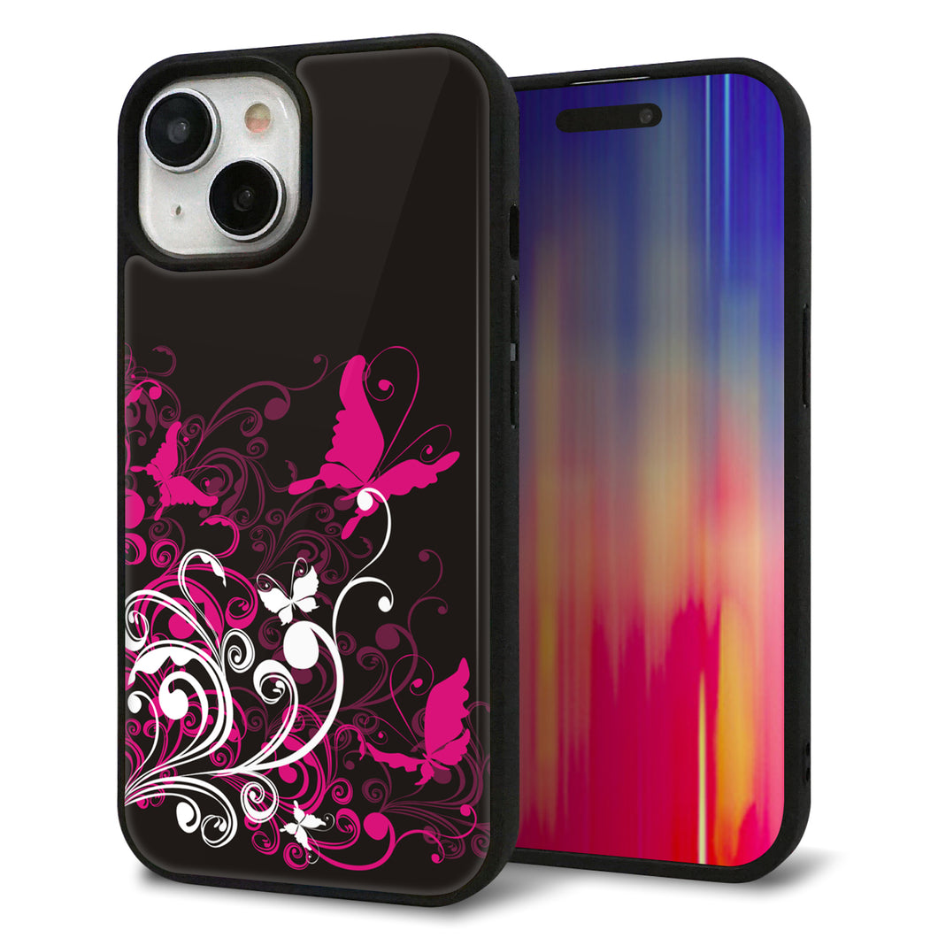 iPhone15 強化ガラス＆TPUスマホケース ガラプリ【585 闇に舞う蝶】