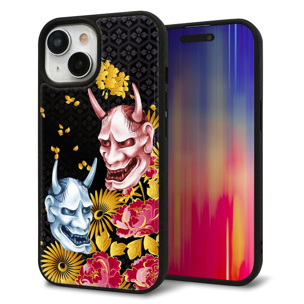 iPhone 15 強化ガラス＆TPUスマホケース ガラプリ【1024 般若と牡丹2】