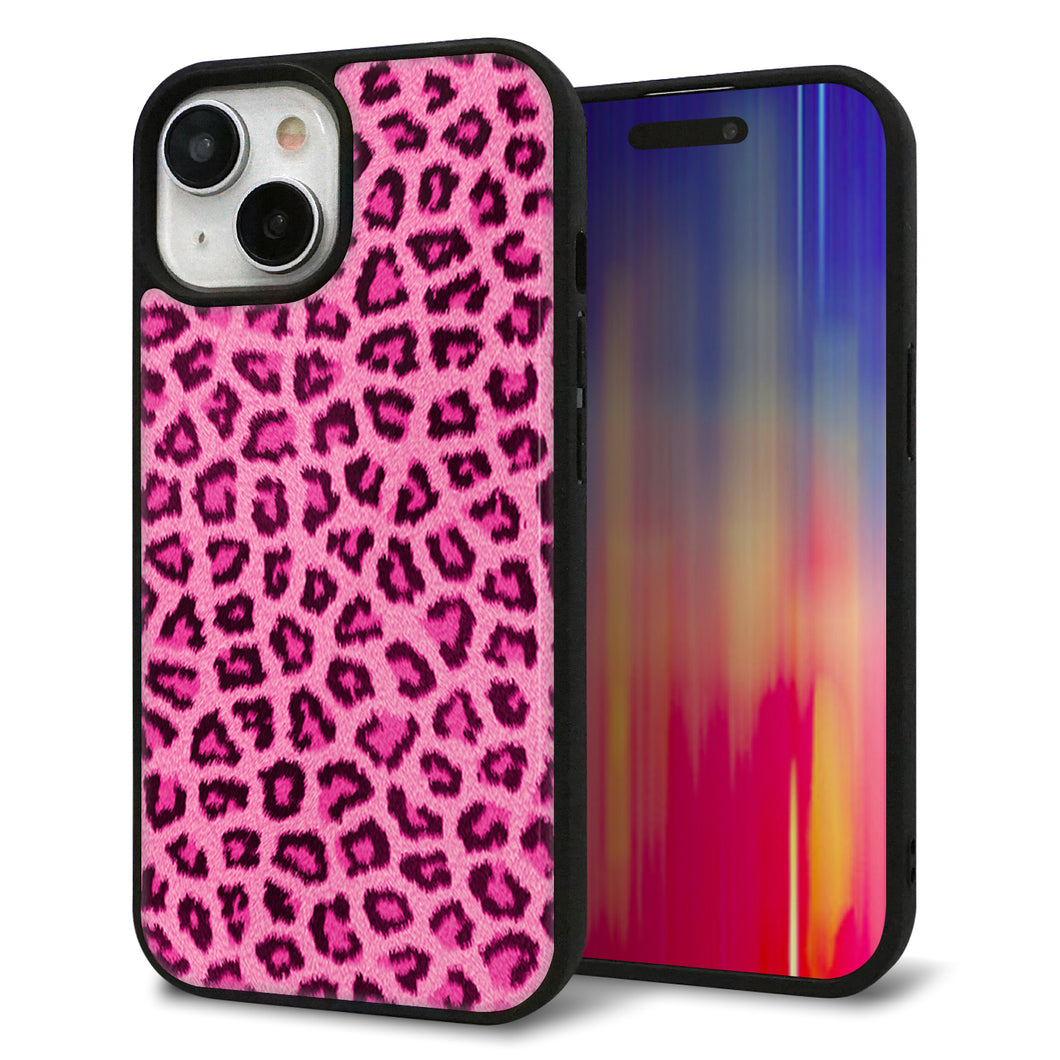 iPhone15 強化ガラス＆TPUスマホケース ガラプリ【1066 ヒョウ柄ベーシックSピンク】