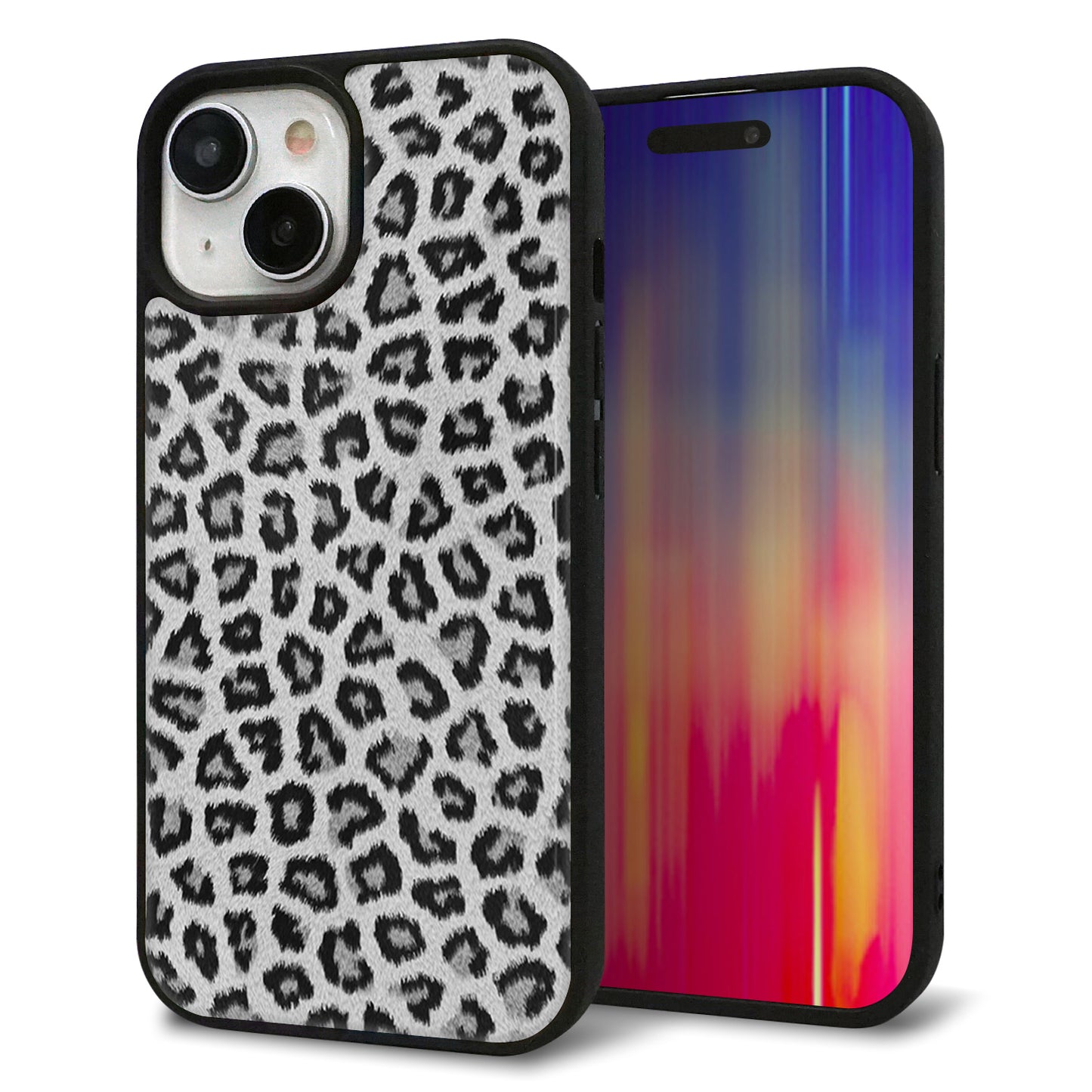 iPhone15 強化ガラス＆TPUスマホケース ガラプリ【1068 ヒョウ柄ベーシックSグレー】