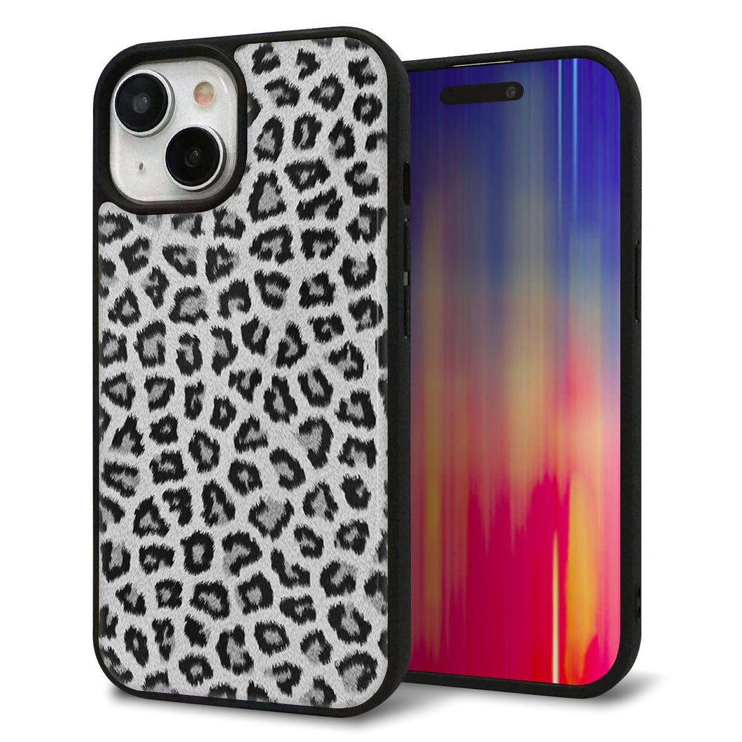 iPhone15 強化ガラス＆TPUスマホケース ガラプリ【1068 ヒョウ柄ベーシックSグレー】