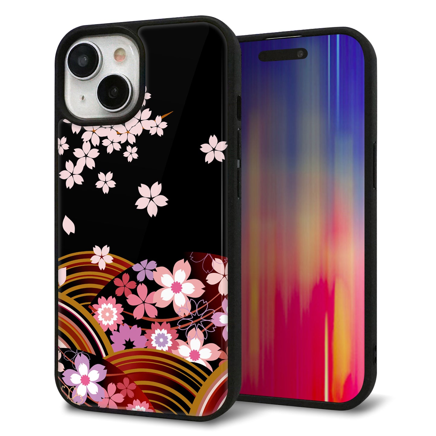 iPhone15 強化ガラス＆TPUスマホケース ガラプリ【1237 和柄＆筆文字・夜桜の宴】
