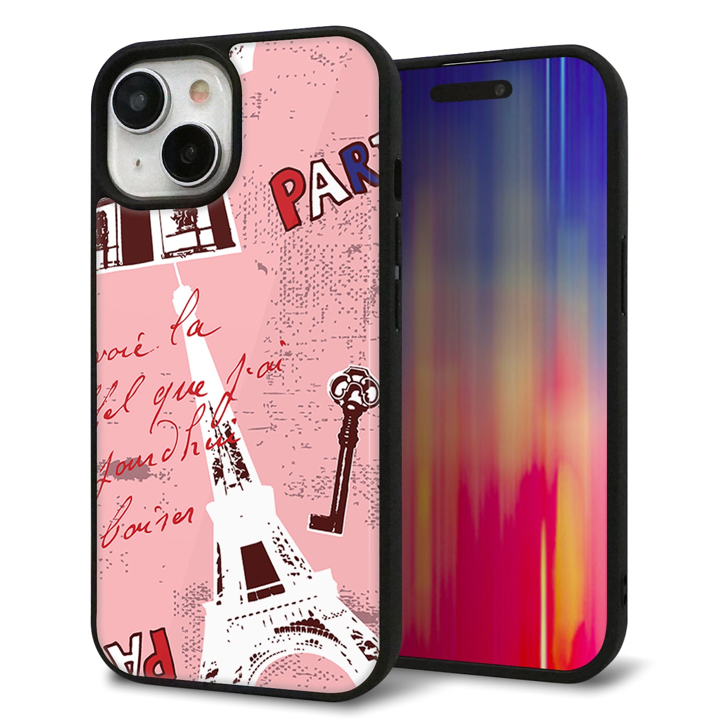iPhone15 強化ガラス＆TPUスマホケース ガラプリ【EK813 ビューティフルパリレッド】