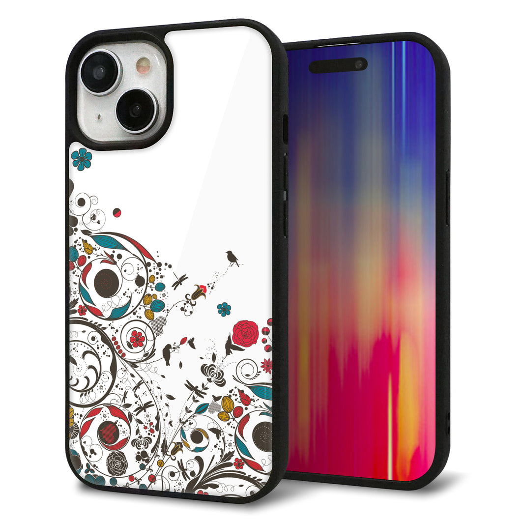 iPhone15 強化ガラス＆TPUスマホケース ガラプリ【EK908 カラフルな花と鳥】