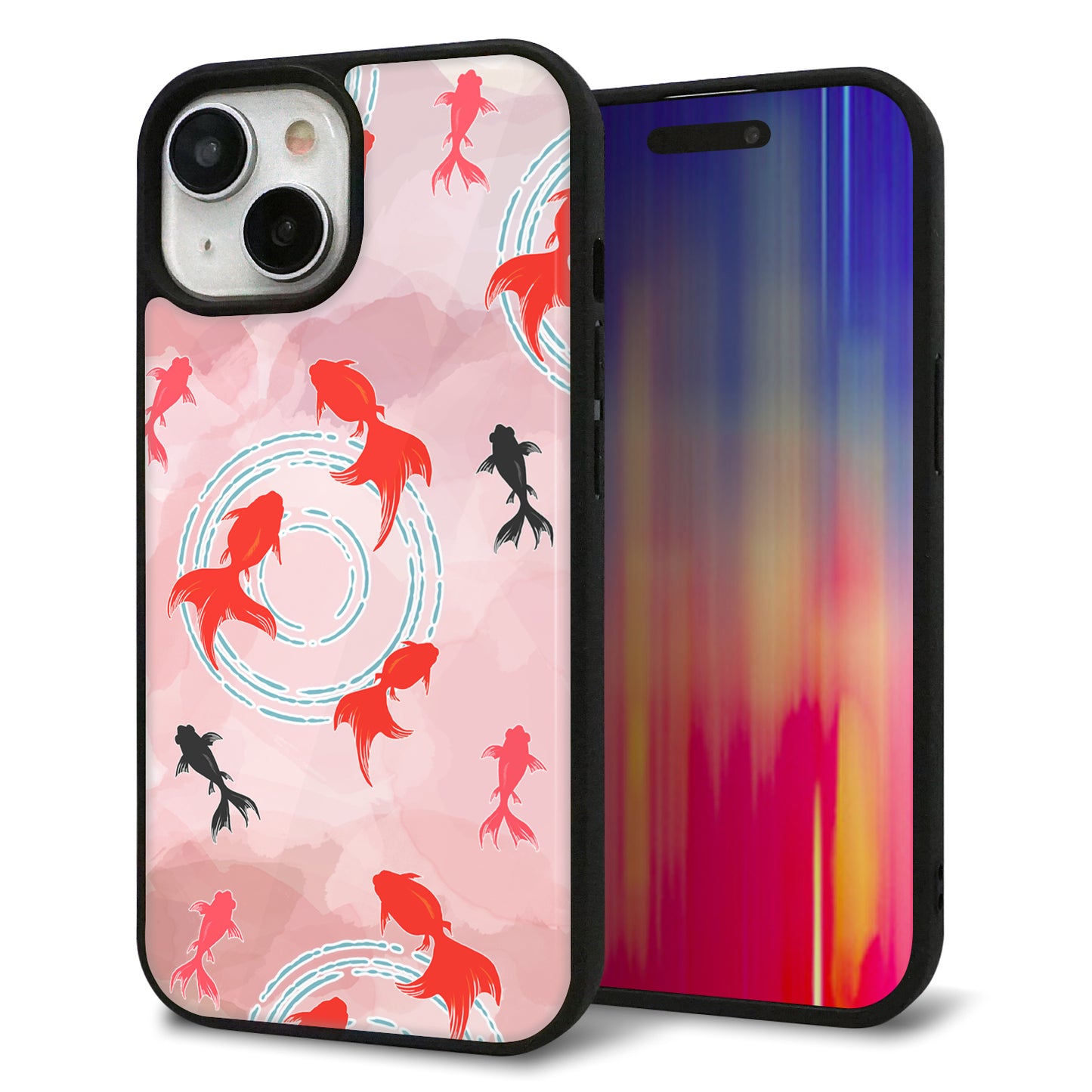 iPhone15 強化ガラス＆TPUスマホケース ガラプリ【HA228 金魚 水彩 ピンク】