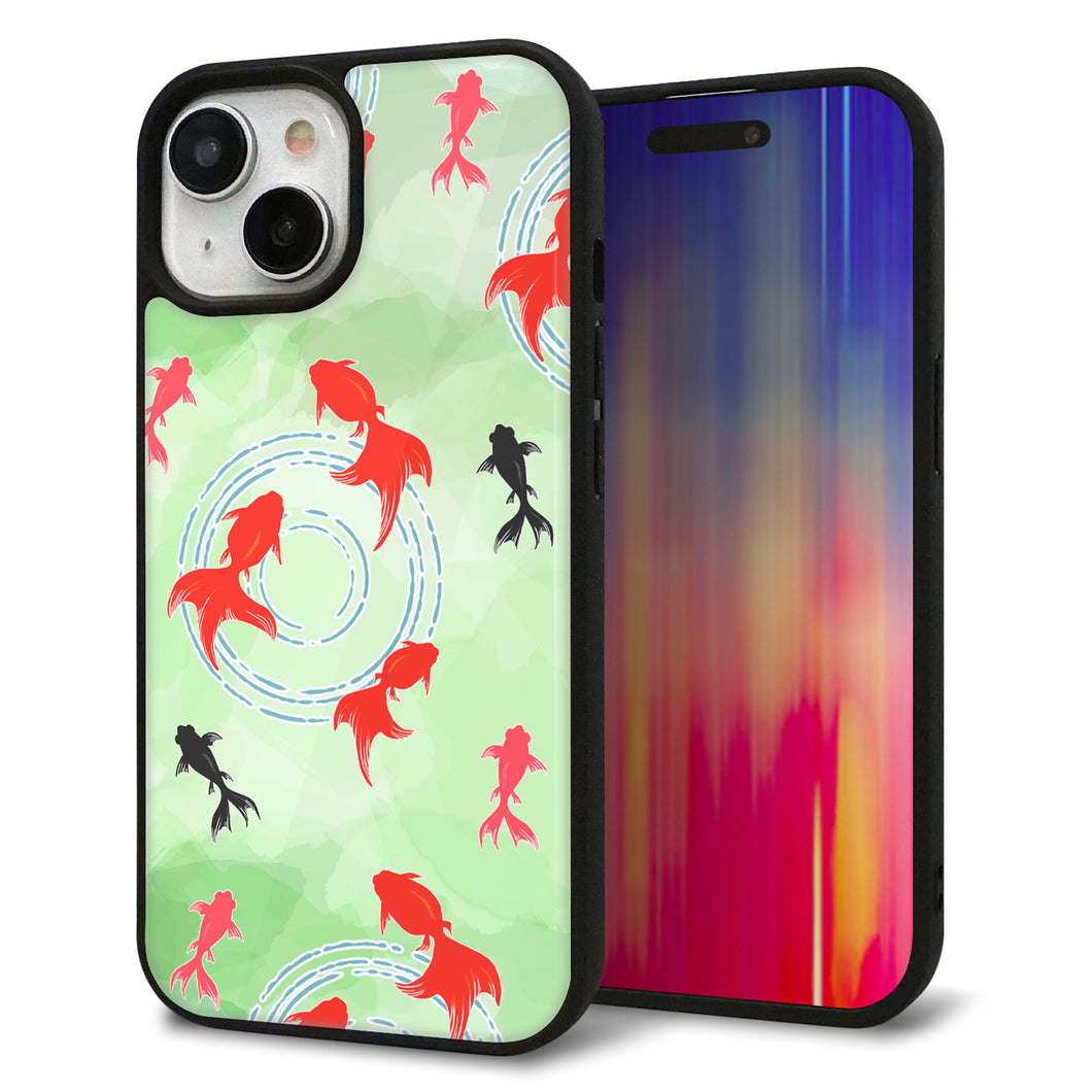 iPhone15 強化ガラス＆TPUスマホケース ガラプリ【HA229 金魚 水彩 グリーン】