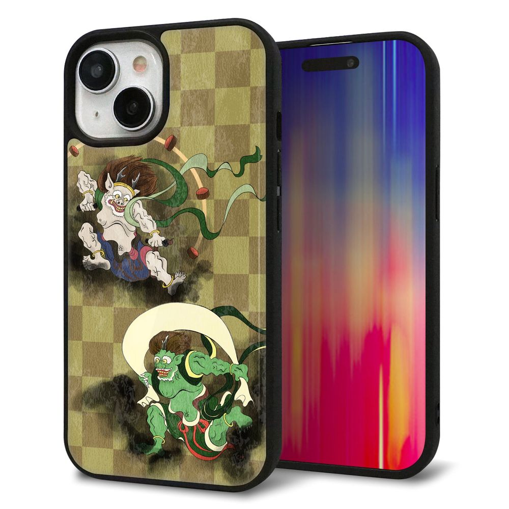 iPhone 15 強化ガラス＆TPUスマホケース ガラプリ【HA236 風神雷神 金市松】