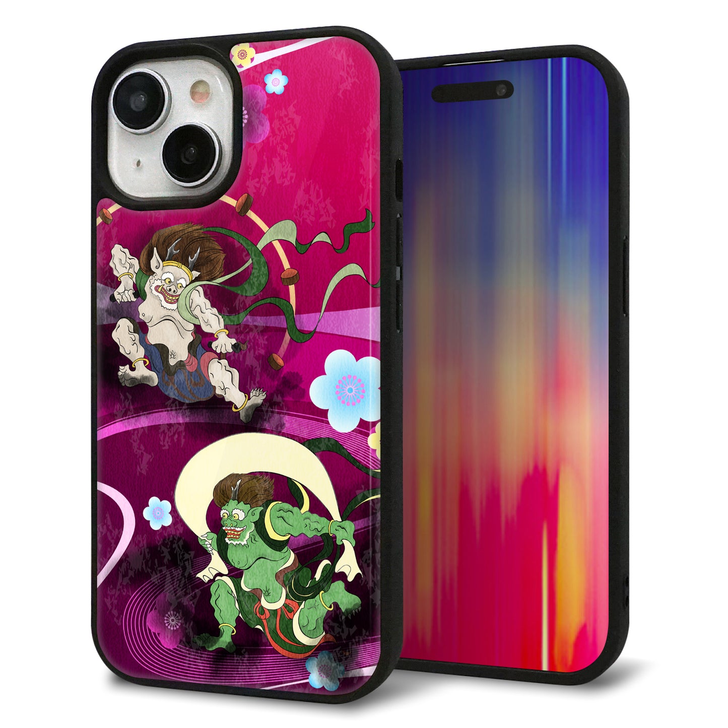 iPhone15 強化ガラス＆TPUスマホケース ガラプリ【HA237 風神雷神 紫の川】