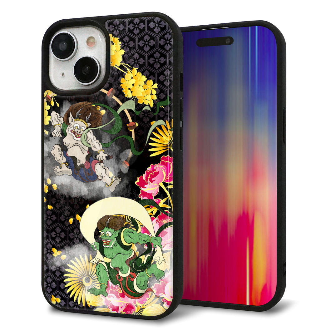 iPhone15 強化ガラス＆TPUスマホケース ガラプリ【HA239 風神雷神 牡丹】