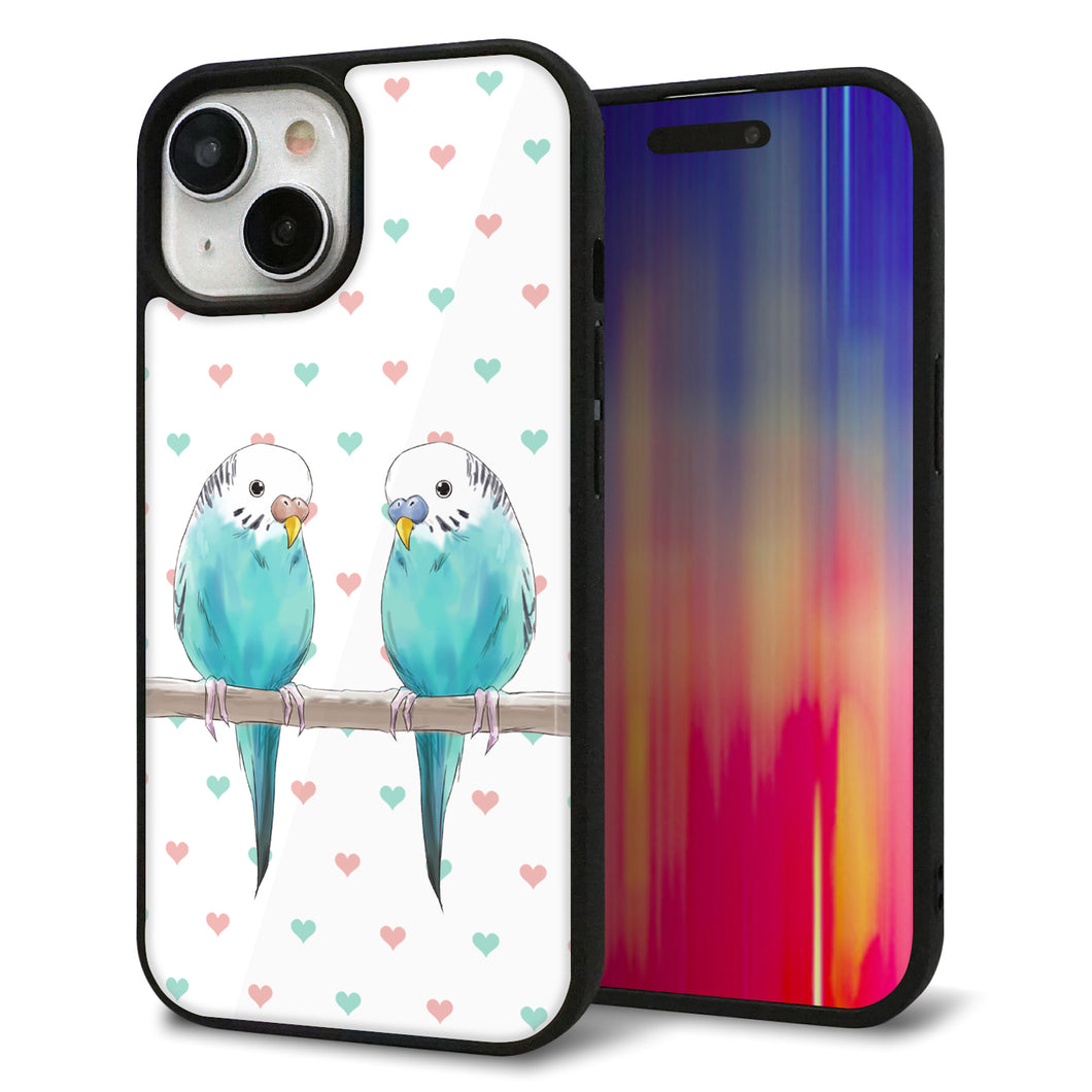 iPhone15 強化ガラス＆TPUスマホケース ガラプリ【HA272 インコブルー ハート】