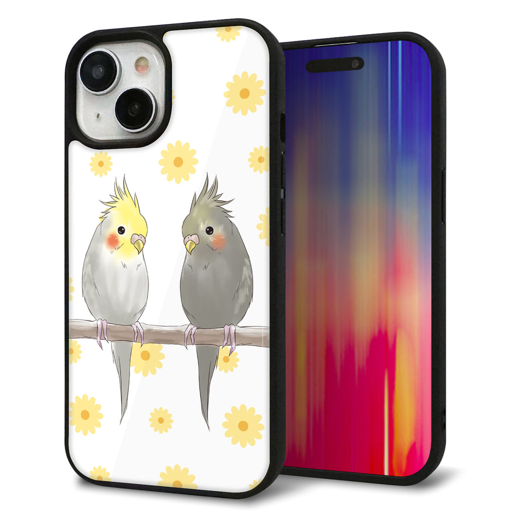 iPhone15 強化ガラス＆TPUスマホケース ガラプリ【HA274 オカメインコ 花】