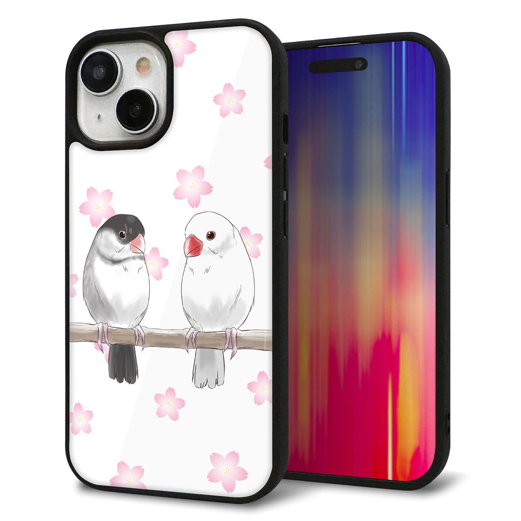 iPhone15 強化ガラス＆TPUスマホケース ガラプリ【HA275 文鳥 桜】