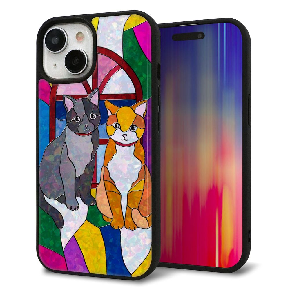 iPhone 15 強化ガラス＆TPUスマホケース ガラプリ【MA995 ステンドグラス ネコ】