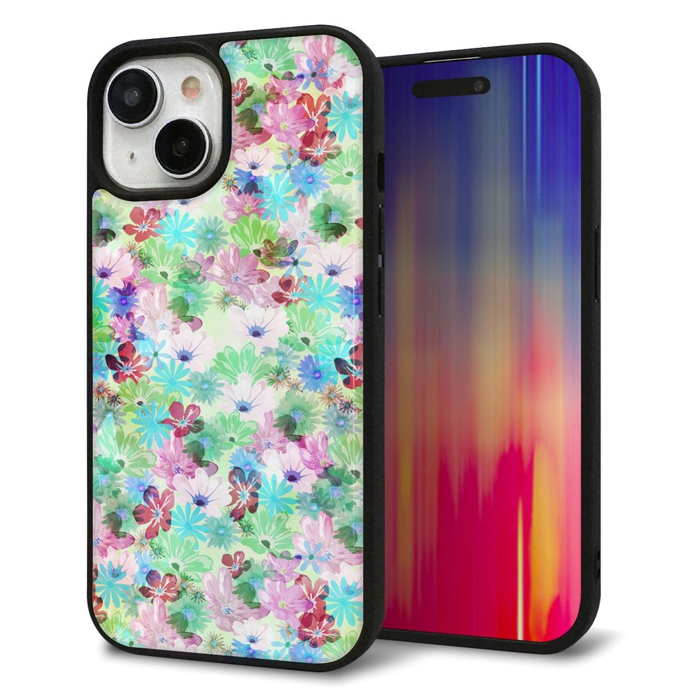 iPhone 15 強化ガラス＆TPUスマホケース ガラプリ【SC872 リバティプリント プレスドフラワー（グリーン）】