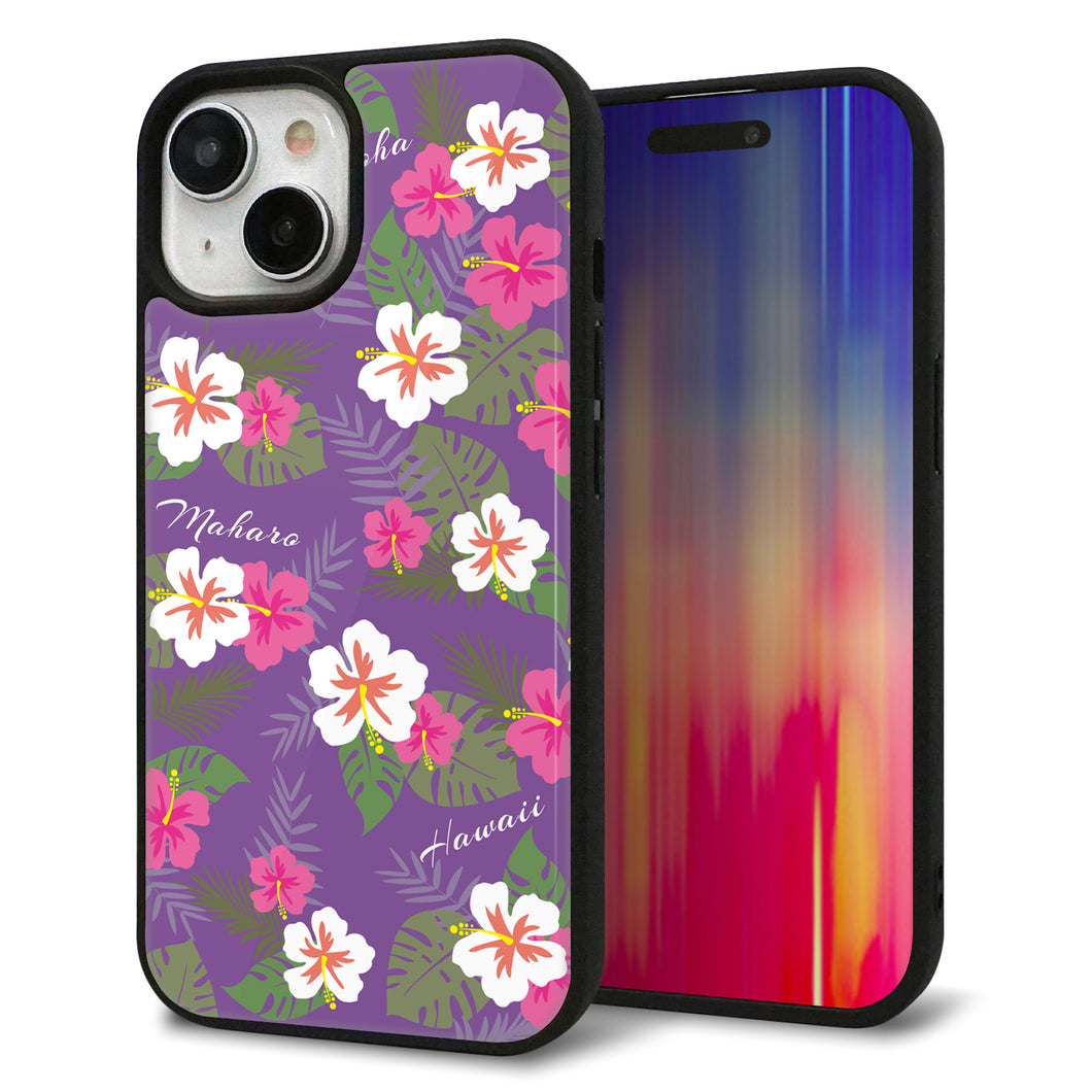 iPhone15 強化ガラス＆TPUスマホケース ガラプリ【SC886 ハワイアンアロハレトロ（パープル）】