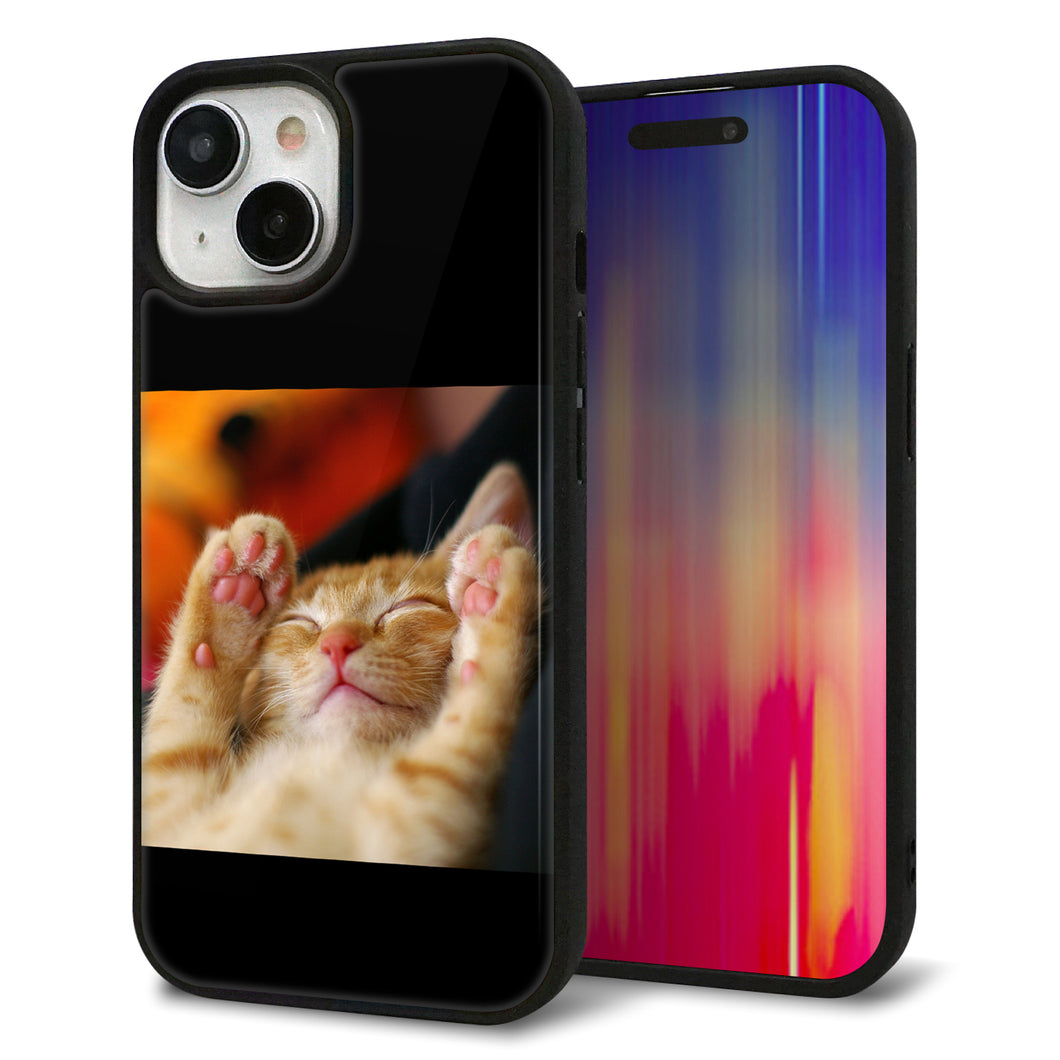 iPhone15 強化ガラス＆TPUスマホケース ガラプリ【VA804 爆睡するネコ】