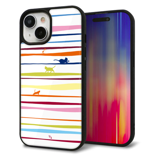 iPhone15 強化ガラス＆TPUスマホケース ガラプリ【YA893 ストライプネコ02 L】