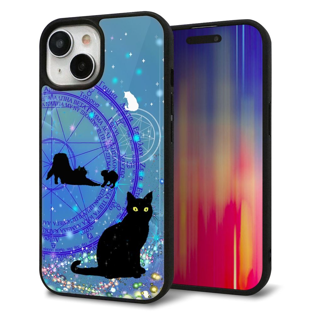 iPhone 15 強化ガラス＆TPUスマホケース ガラプリ【YJ327 魔法陣猫 キラキラ かわいい】