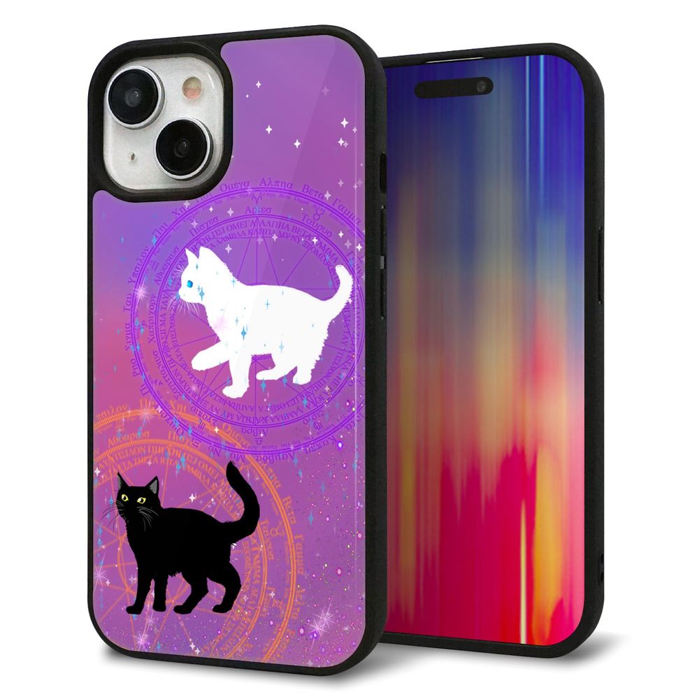 iPhone 15 強化ガラス＆TPUスマホケース ガラプリ【YJ328 魔法陣猫 キラキラ かわいい ピンク】